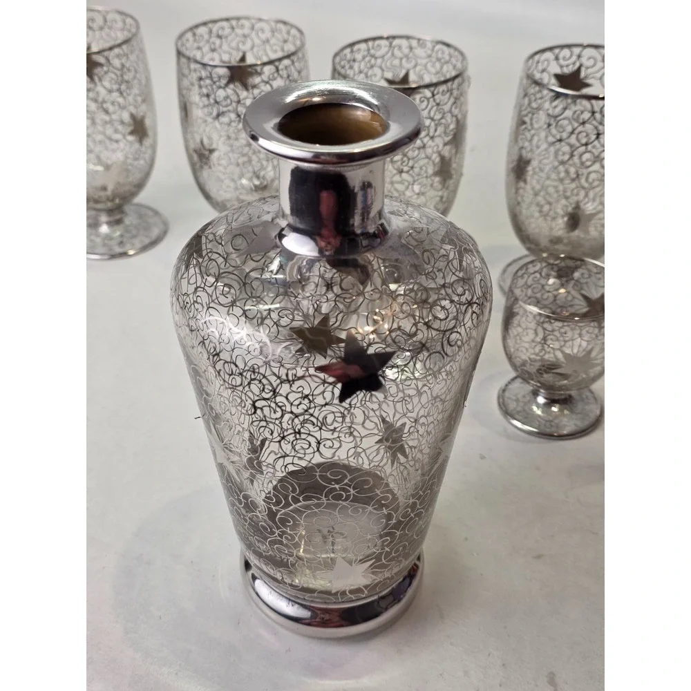 Vintage Saint Graal Silver Overlay Crystal Decanter & Glasses Cosmic Star France